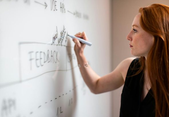 Focused woman writing on a whiteboard during a business planning session.